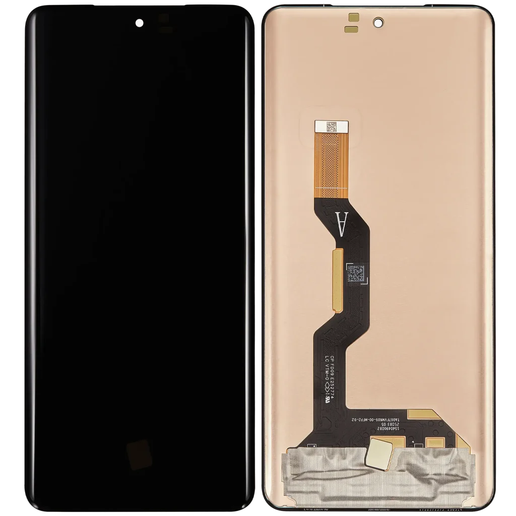 Ecrã Motorola Edge 60 Fusion OEM ReLife visto de frente e verso mostrando vidro preto e traseira dourada com cabo flex