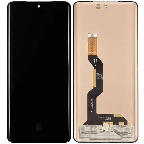 Ecrã Motorola Edge 60 Fusion OEM ReLife visto de frente e verso mostrando vidro preto e traseira dourada com cabo flex