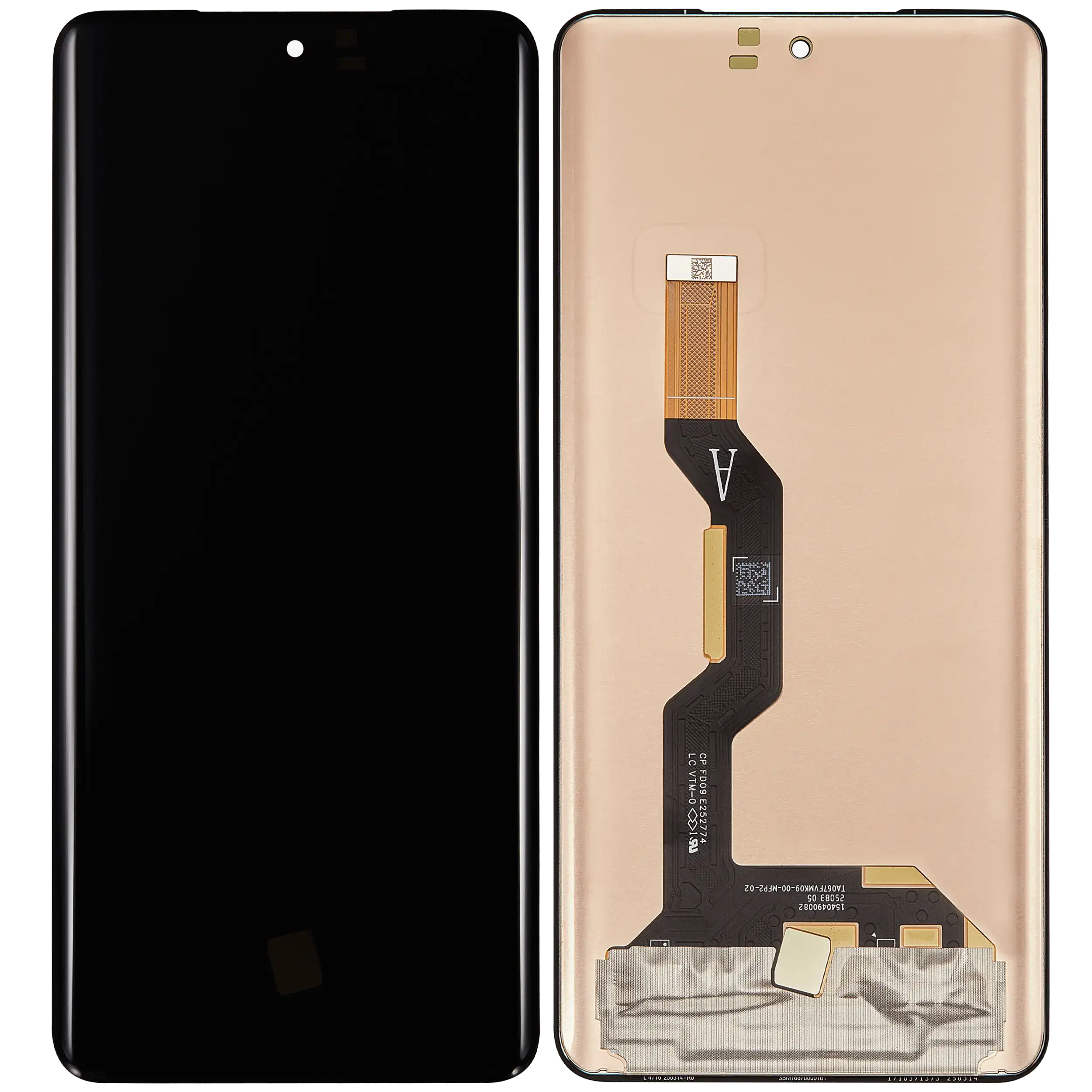 ecra-motorola-edge-60-fusion-oem-relife-frente-verso Ecrã Motorola Edge 60 Fusion OEM ReLife visto de frente e verso mostrando vidro preto e traseira dourada com cabo flex